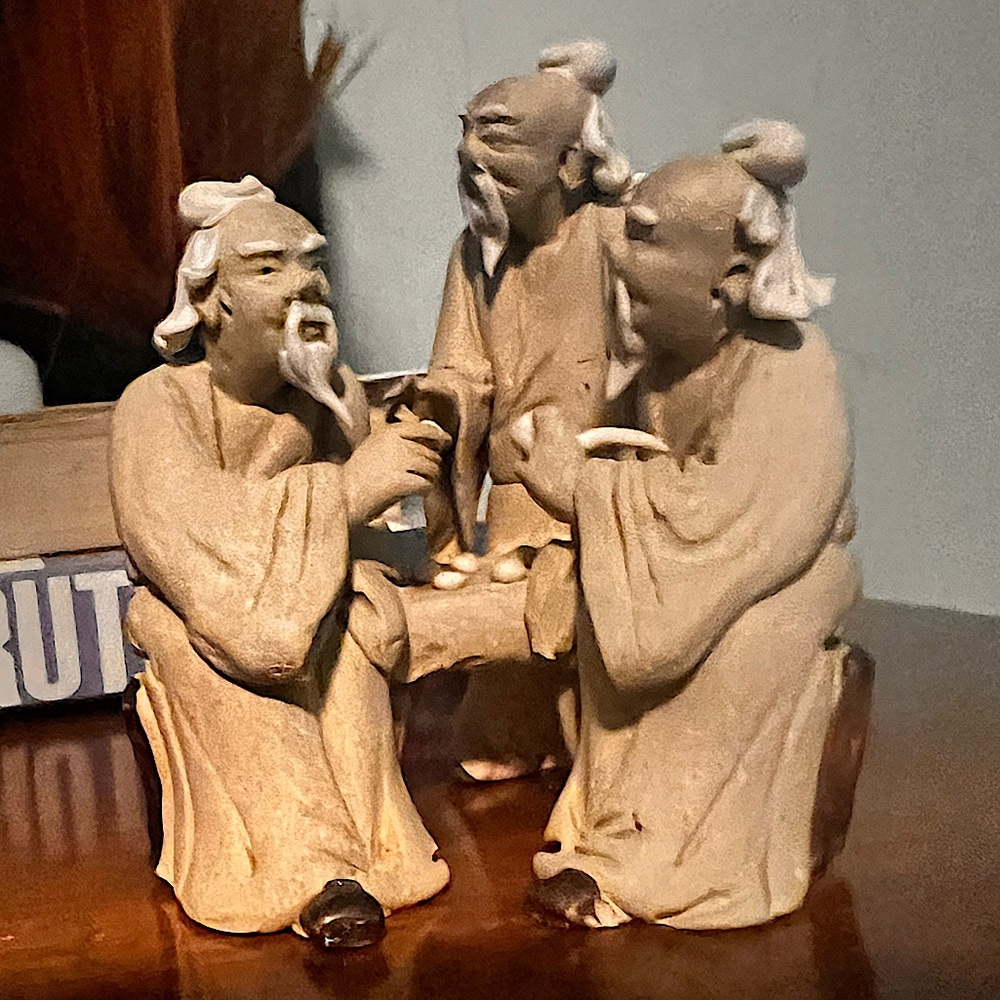 Vintage Mudmen Chinese Pottery Figurine Statue 3 Men playing checkers